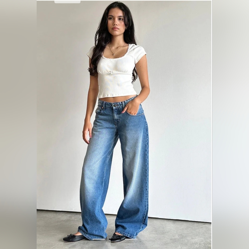 MOTEL Roomy Extra Wide Low Rise Jeans in Marine Blue Wash